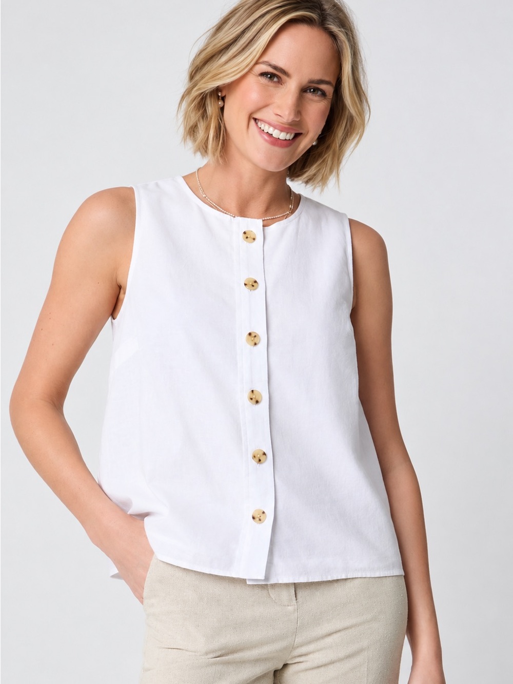 NWT J. Crew White Linen-Blend Button Front Tank